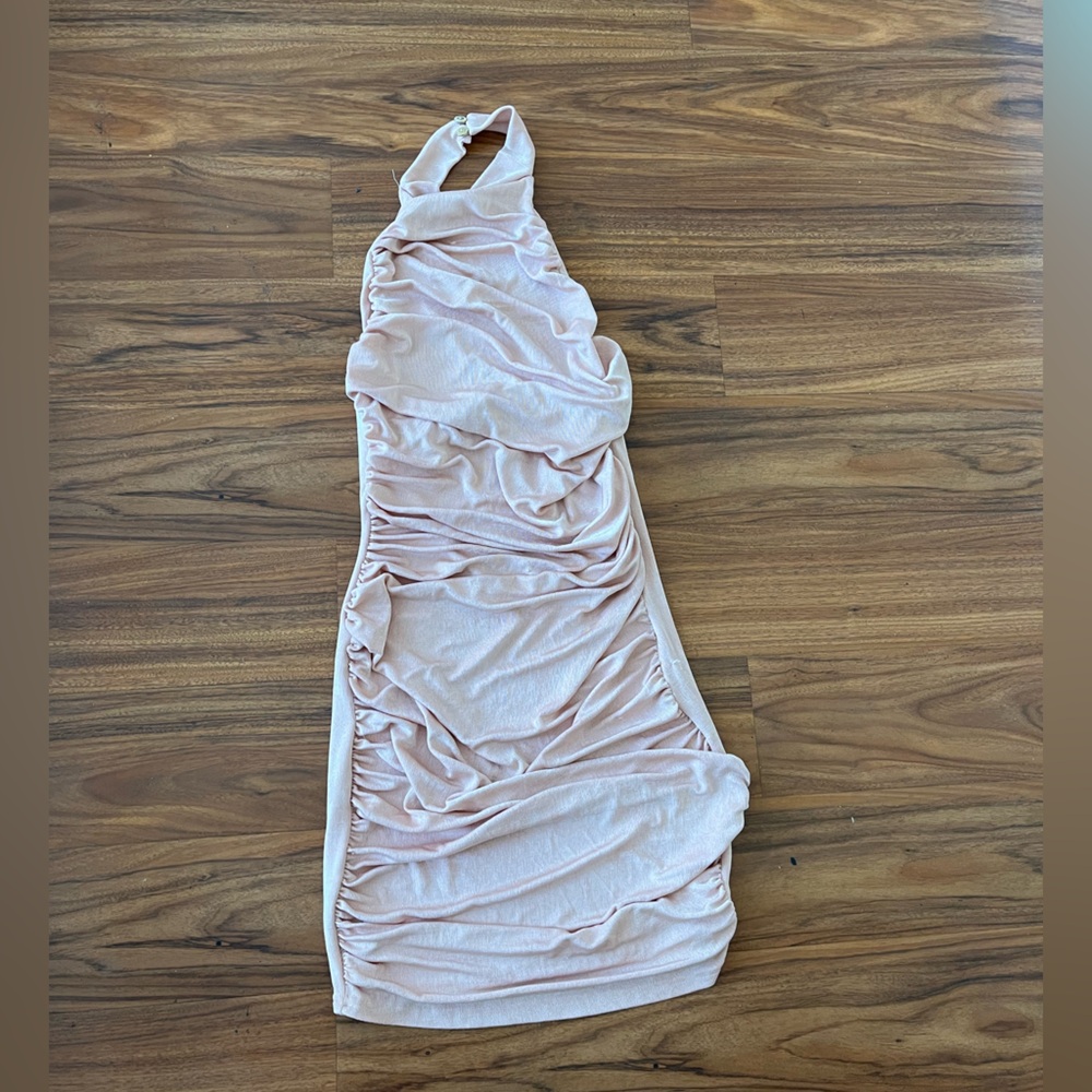 NWT PLT bodycon Ruched Halter Mini Dress - metallic Soft Blush / pink